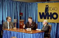 C20095-5, President Reagan talking to James Zabe and, HR Gross during a visit to WHO Radio in D…