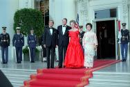 C40397-3, President Reagan and Nancy Reagan pose with Japanese Prime Minister Yasuhiro Nakasone…