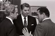 31013-12A, President Reagan and Robert McFarlane talking with President Mubarak of Egypt during…