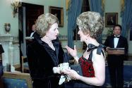 C924-26, Prime Minister Margaret Thatcher of the United Kingdom talking with Nancy Reagan in th…