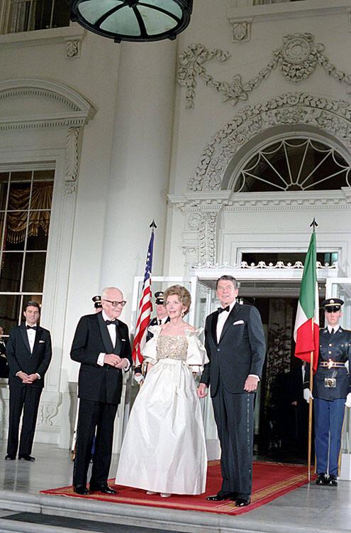 Alessandro Pertini C7084-9, President Reagan and Nancy Reagan greet President Alessandro Pertini of Italy at the N…
