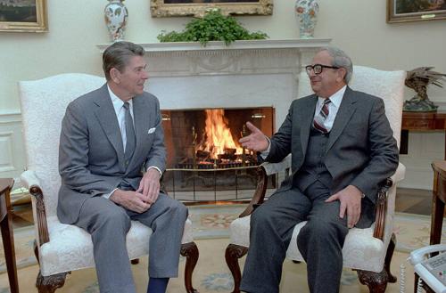 C12240-24A, President Reagan meeting with President Yitzhak Navon of Israel during his visit in…