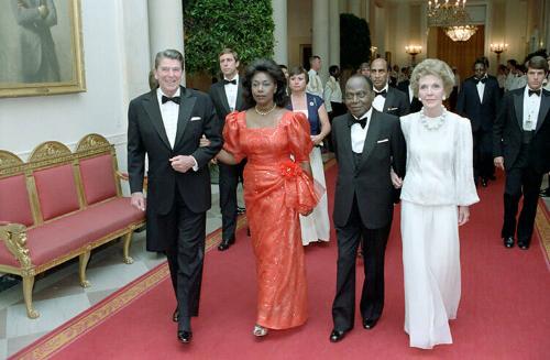 C15217-5A, President Reagan, Nancy Reagan, President Felix Houphouet-Boigny of the Ivory Coast …