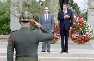 C22405-36, President Reagan and President Francois Mitterrand laying a wreath during the 40th A…