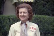 First Lady Betty Ford sports a button expressing her support for ratification of the Equal Righ…