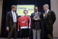 C32254-10 Trip to Oakland, Nancy Reagan attending a "Pros for Kids" rally, receiving "Pros for …