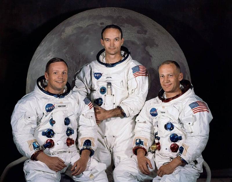 Official crew photo of the Apollo 11 Prime Crew. From left to right are astronauts Neil A. Arms…