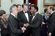 C36833-27, President Reagan and President Sarney of Brazil with soccer player Pele during a sta…