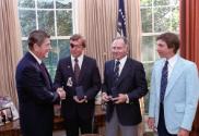 C04282-11a President Reagan meeting to present the crew of the Double Eagle II, Maxie Anderson,…