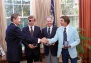 C04282-13a President Reagan meeting to present the crew of the Double Eagle II, Maxie Anderson,…