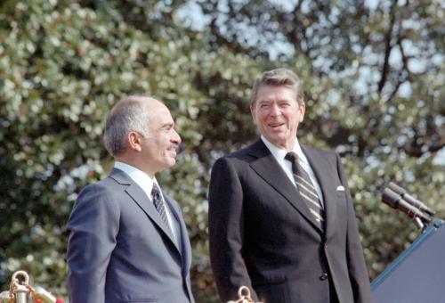 C04847-23a President Reagan during the arrival Ceremony for King Hussein I of Jordan during his…