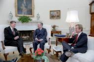 C06104-8 President Reagan Peter Ueberroth Juan Antonio Samaranch Meeting in Oval Office to disc…