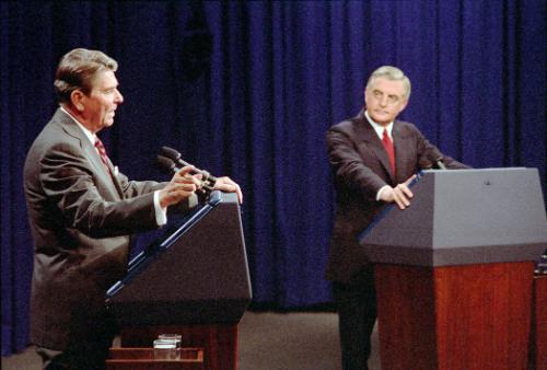 C25253-10, President Reagan and Democratic candidate Walter Mondale during the second debate on…