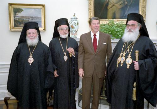 C10488-13 President Reagan meeting with Patriarch Diodorus of the Greek Orthodox Church to rece…