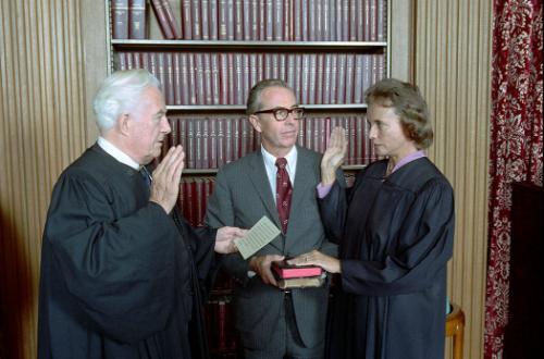 C4121-11A, Sandra Day O'Connor being sworn in as Supreme Court Justice by Chief Justice Warren …