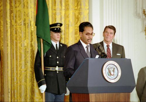 Hussain Muhammed Ershad C17921-10A, President Hussain Mohammad Ershad of Bangladesh makes departure remarks in the east…