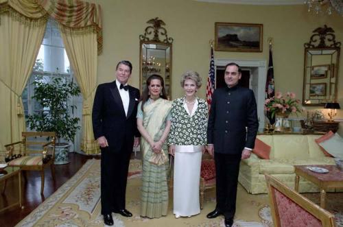 C29735-26, President Reagan and Nancy Reagan with Prime Minister Rajiv Gandhi of India and Mrs.…