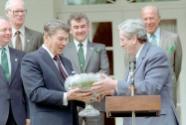 C33855-19, President Reagan receiving shamrocks in a Waterford crystal bowl from Prime Minister…