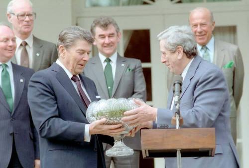 C33855-19, President Reagan receiving shamrocks in a Waterford crystal bowl from Prime Minister…