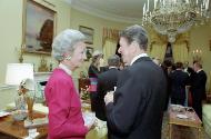 C31160-7, President Reagan talking with Katherine Graham at a Private dinner for Prince Franz J…