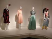 L to R: Floral velvet Adoldo suit, pink silk Adolfo dress worn to the 1980 and 1988 Republican …