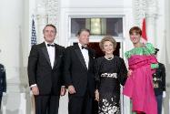 C46678-10  President Reagan and Nancy Reagan greet Prime Minister Brian Mulroney of Canada and …