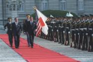 C34771-25  President Reagan reviewing troops with Prime Minister Nakasone at an Arrival Ceremon…